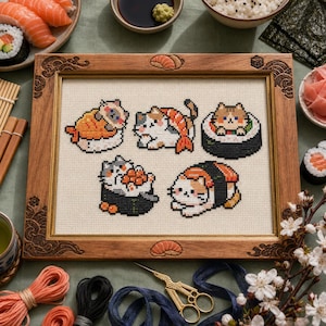 Sushi Cat Cross Stitch Pattern Bundle, Kawaii Japanese Food, Beginner PDF image 2