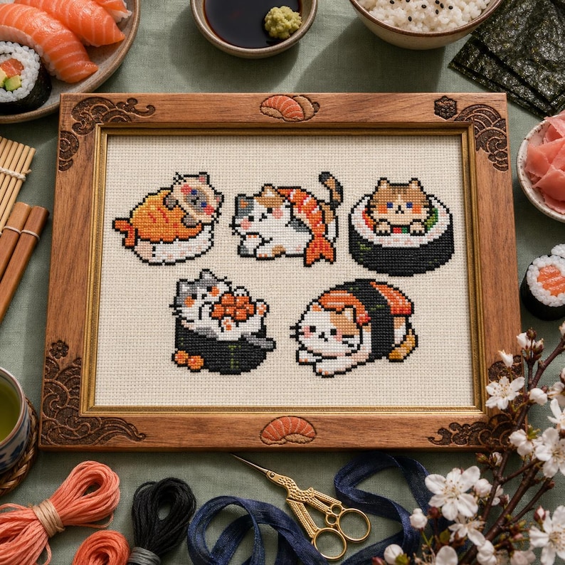 Sushi Cat Cross Stitch Pattern Bundle, Kawaii Japanese Food, Beginner PDF image 2