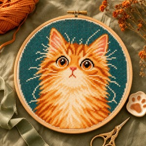 Puede incluir: Un bastidor de bordado circular de madera que contiene un retrato en punto de cruz de un gato naranja esponjoso con grandes ojos oscuros y pecho blanco. El gato está sobre un fondo verde azulado sólido, con bigotes blancos bordados.
