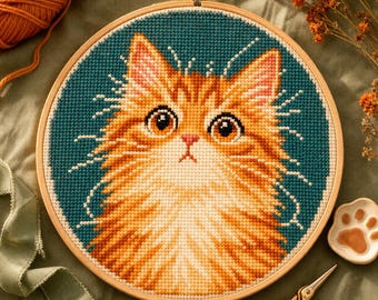May include: A circular wooden embroidery hoop containing a cross-stitch portrait of a fluffy orange cat with large dark eyes and a white chest. The cat is set against a solid teal background, with white stitched whiskers radiating outward.