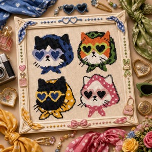 May include: A square cross-stitch embroidery featuring four stylized cats wearing heart-shaped sunglasses and headscarves, framed in a cream-colored border decorated with small bows, beads, and miniature charms of hearts and perfume bottles.