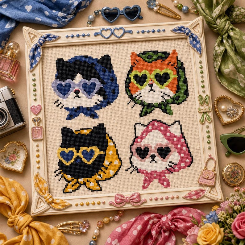 May include: A square cross-stitch embroidery featuring four stylized cats wearing heart-shaped sunglasses and headscarves, framed in a cream-colored border decorated with small bows, beads, and miniature charms of hearts and perfume bottles.