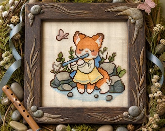 Woodland Fox Flute Cross Stitch Pattern, Cottagecore Nursery Art (PDF Download)
