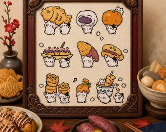 Kawaii Cat Cross Stitch Pattern, Japanese Food Cats, Taiyaki Onigiri Mochi Chart (PDF Download)