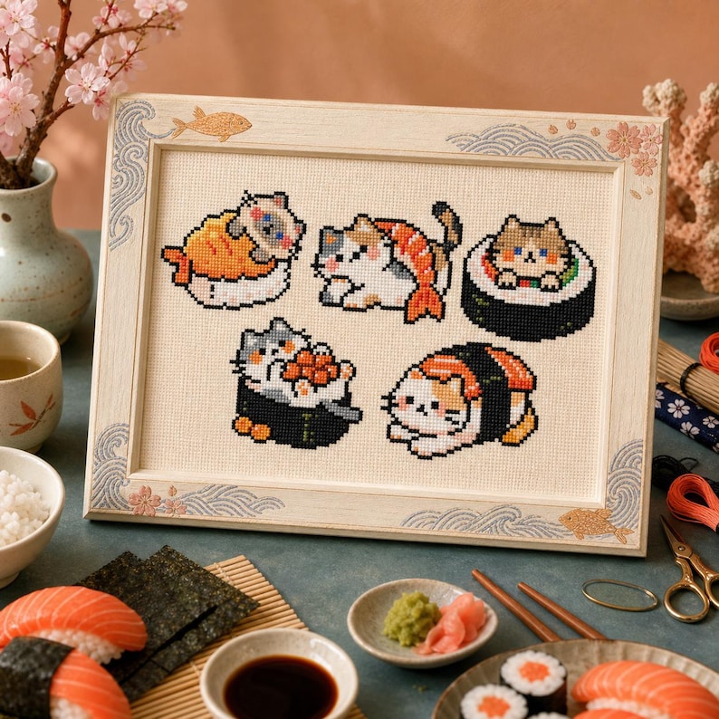 Sushi Cat Cross Stitch Pattern Bundle, Kawaii Japanese Food, Beginner PDF image 5