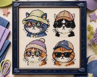 Hipster Cats in Hats Sunglasses Cross Stitch Pattern Set (PDF Download)
