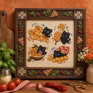 May include: A square cross-stitch embroidery featuring four black cats interacting with food items, including a pizza slice, a corn dog, a bowl of pasta, and a pile of nuggets, all framed in a dark wood frame with relief-carved leaves and pizza slices.