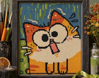 Funny Graffiti Cat Cross Stitch Pattern, Goofy Cartoon Kitty PDF Download