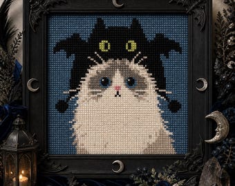 Halloween Ragdoll Cat Cross Stitch Pattern, Bat Costume PDF Chart, Spooky Pet Portrait
