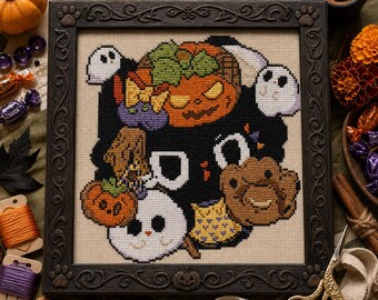 Black Cat Halloween Cross Stitch Pattern, Pumpkin Ghosts, Beginner Friendly (PDF Download)