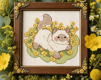 Siamese Cat Cross Stitch Pattern, Yellow Flowers Meadow Chart (Digital Download)