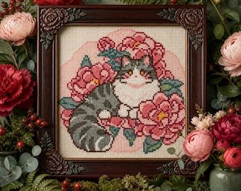Grey Cat Peony Floral Wreath Cross Stitch Pattern (PDF Download)