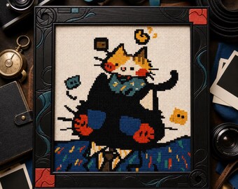 Black Cat Selfie Cross Stitch Pattern, Graffiti Cat with Orange Kitten PDF