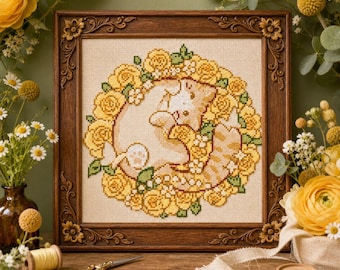 Sleeping Ginger Cat Yellow Rose Wreath Cross Stitch Pattern (PDF Download)