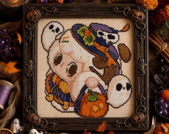 Beginner Halloween Lamb Cross Stitch Pattern, Witch, Ghosts, Pumpkins (PDF Download)