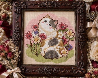 Calico Kitten Cross Stitch Pattern, Red Anemones, Pink Floral (PDF Download)