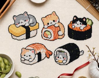 Sushi Cat Cross Stitch Pattern Bundle, Kawaii Food Cats, Beginner PDF