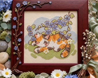 Calico Cat Cross Stitch Pattern, Sleeping Kitten Under Blue Blossoms (PDF Chart)
