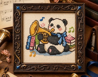 Panda Playing French Horn Cross Stitch Pattern, Beginner Music Nursery Wall Art (PDF Download)