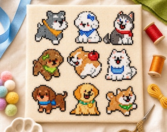 Set of 9 Puppy Cross Stitch Patterns, Kawaii Dog Beginner Bundle (PDF Download)