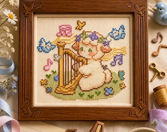 Lamb Harp Cross Stitch Pattern, Pastel Nursery Music Wall Art (Digital Download)