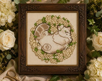 Ragdoll Cat Cross Stitch Pattern, Sleeping Cat Botanical Wreath PDF Chart (Digital Download)