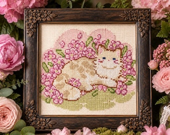 Ragdoll Cat Cross Stitch Pattern, Spring Floral Portrait Chart (Digital Download)