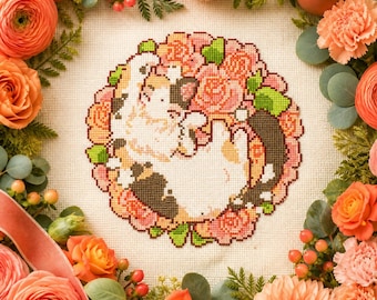 Calico Cat Sleeping Rose Wreath Cross Stitch Pattern (PDF Download)