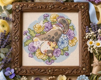 Calico Cat Cross Stitch Pattern, Purple Yellow Flower Wreath (PDF Chart)