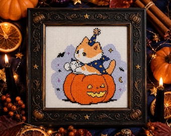 Wizard Cat on Jack-o'-Lantern Cross Stitch Pattern, Halloween PDF Chart (Digital Download)