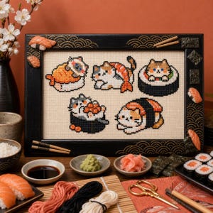Sushi Cat Cross Stitch Pattern Bundle, Kawaii Japanese Food, Beginner PDF image 4