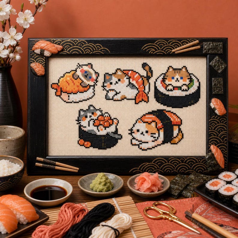 Sushi Cat Cross Stitch Pattern Bundle, Kawaii Japanese Food, Beginner PDF image 4