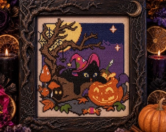 Halloween Night Cross Stitch Pattern, Witch Cat, Full Moon, Spooky Tree (PDF Chart)