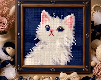 White Cat Fluffy Kitten Cross Stitch Pattern, Modern Navy Portrait PDF (Digital Download)