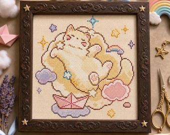 Sleeping Cat Cross Stitch Pattern, Pastel Kitten Dreamscape PDF Chart (Digital Download)