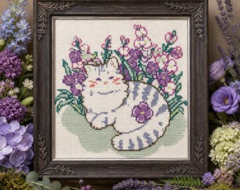 Tabby Cat Cross Stitch Pattern, Lavender Floral Wall Art, Beginner Cat Lover (PDF Download)
