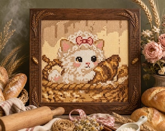 Cottagecore Cat in Bread Basket Cross Stitch Pattern, Kitten with Pink Bow (PDF Chart)