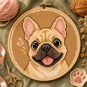 Modèle de point de croix pour les amoureux des bouledogues français — Bouledogue français souriant, facile et idéal pour les débutants