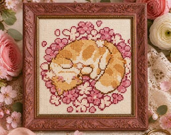 Sleeping Ginger Cat Floral Wreath Cross Stitch Pattern (PDF Download)