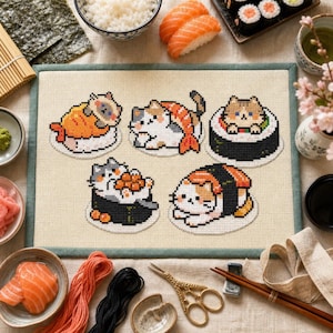 Paquete de patrones de punto de cruz de gato sushi, comida japonesa kawaii, PDF para principiantes