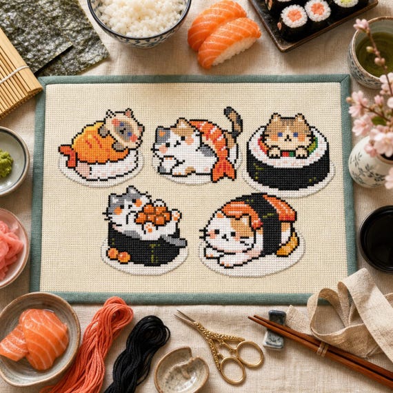 Sushi Cat Cross Stitch Pattern Bundle, Kawaii Japanese Food, Beginner PDF