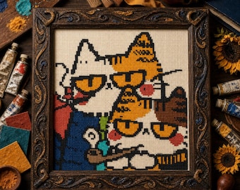 Graffiti Cats Cross Stitch Pattern, Two Cats with Sunglasses, Pop Art Embroidery Design (PDF)