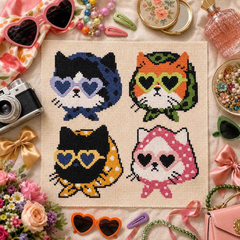May include: A cross-stitch embroidery on cream fabric featuring four cat heads wearing headscarves and heart-shaped sunglasses. The cats are colored black with blue, orange with green, black with yellow, and white with pink, each in a distinct pattern.