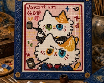 Van Gogh Cat Cross Stitch Pattern, Funny Famous Painting Cat PDF Download