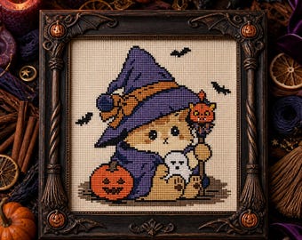 Halloween Cat Witch Hat Cross Stitch Pattern, Beginner Pumpkin Ghost PDF Chart (Digital Download)
