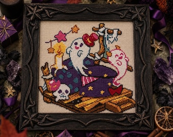 Kawaii Halloween Ghost Party Cross Stitch Pattern, Beginner Friendly (PDF Download)