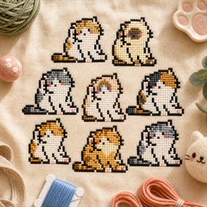 May include: A cross-stitch pattern on beige fabric featuring eight pixelated cats in various colors and markings, including orange, gray, and calico, all depicted in a seated position with one paw raised to groom their ears in a grid arrangement.