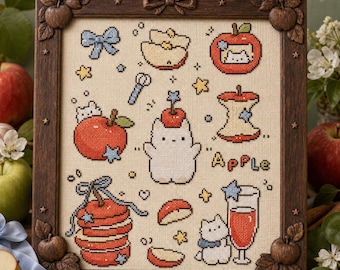 Kawaii Cat Apple Cross Stitch Pattern, Fruit Sampler PDF Chart (Digital Download)