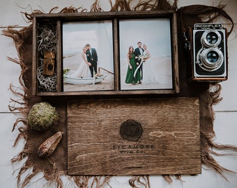 Double 5x7 - Wood print box for 5x7 photos and usb drive - (spanish moss included)