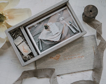 4x6 - Wood print box wood photo box with space for 4x6 photos and a USB drive - "rectangle box" - (spanish moss included in usb area)